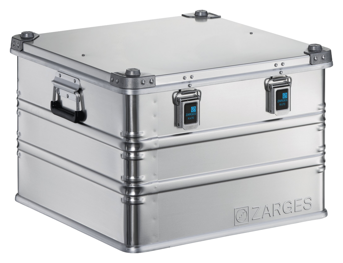 ZARGES K470-40859 aluminum case, closed, front three-quarter view with latches and side handle