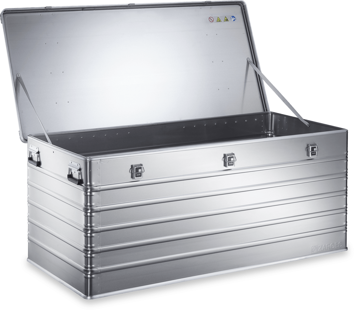 ZARGES K470-40876 large aluminum case open and empty, lid held by stay straps