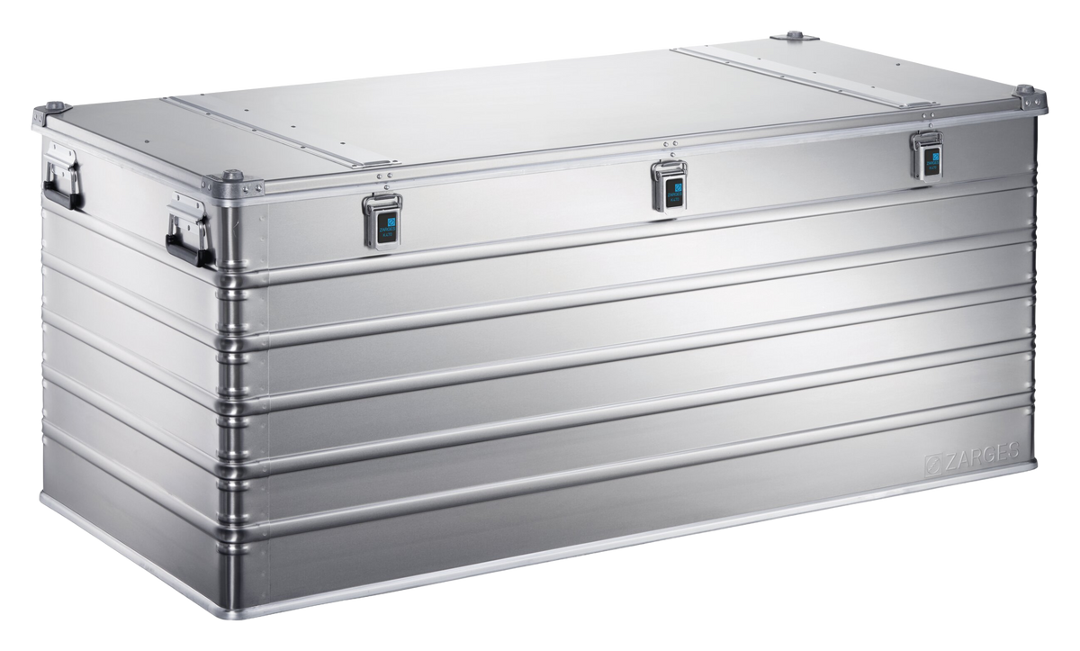 ZARGES K470-40876 large aluminum case, closed, front view with three latches and side handles