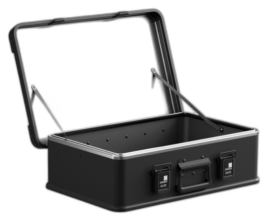ZARGES K470-Matte Black-31013203 case open and empty, lid held by stay straps