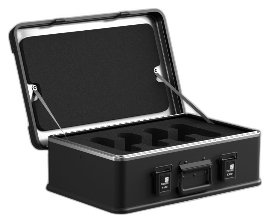 ZARGES K470-Matte Black-31013203 open with black foam cutouts in the base and foam-lined lid