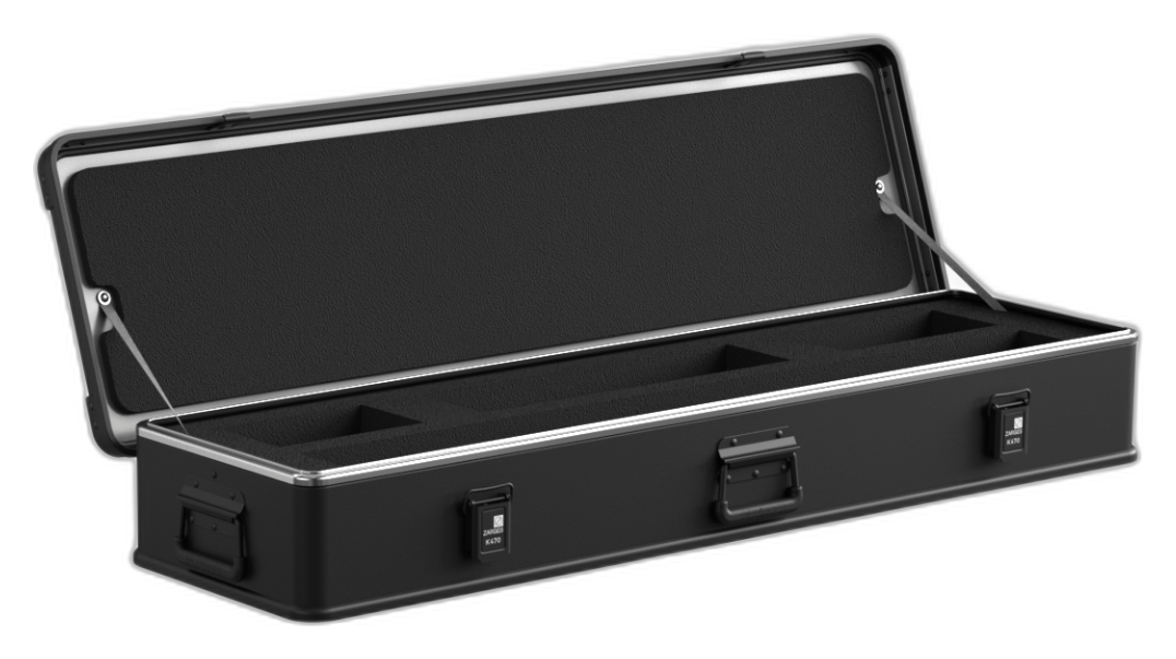 ZARGES K470-Matte Black-31016053 rifle case open, black foam in the lid and a long cut-out insert