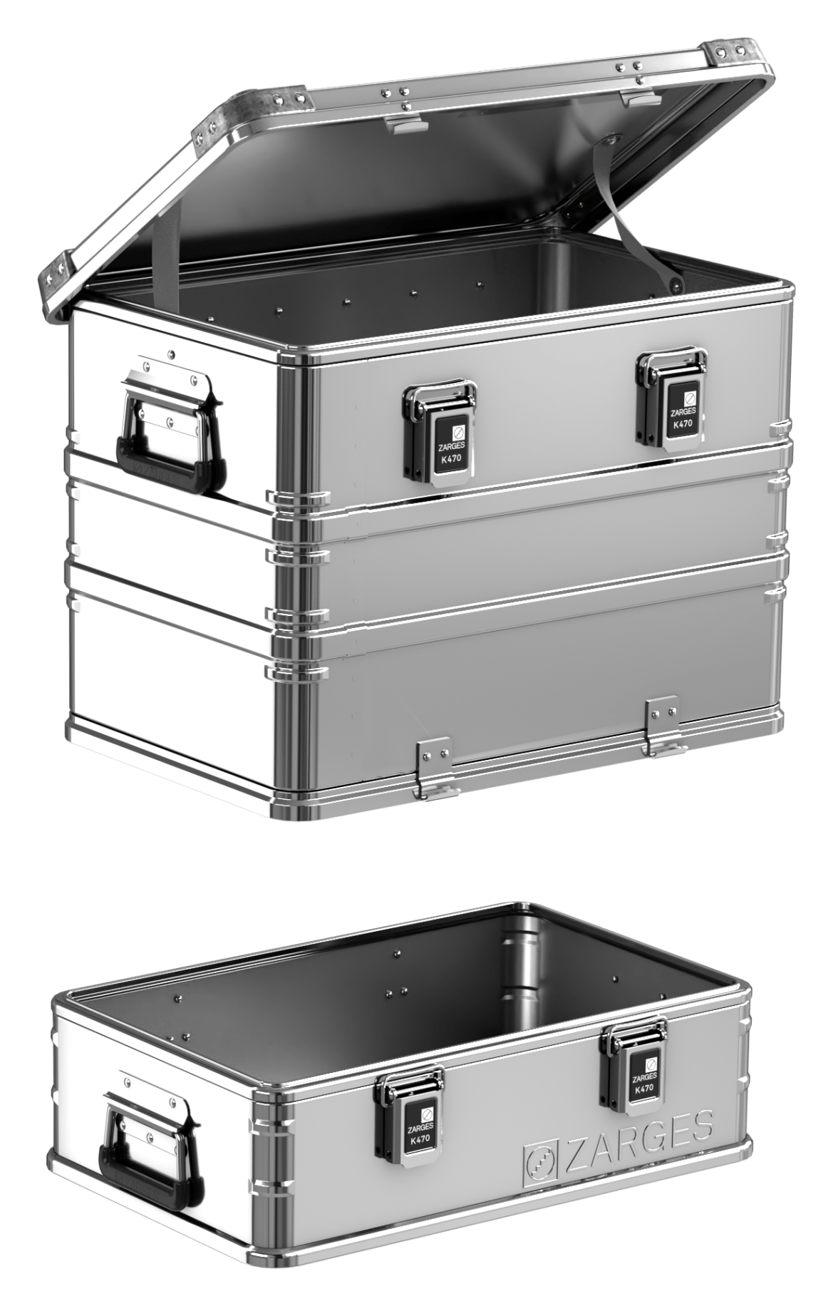 ZARGES K470-Plus Hood Case (units 40500 & 40502) separated: tall hood lifted above the shallow base