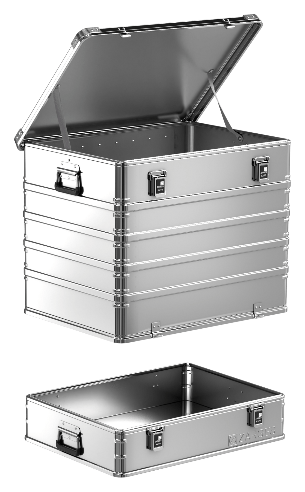 ZARGES K470-Plus Hood Case separated, tall hood with lid open above the shallow base tray