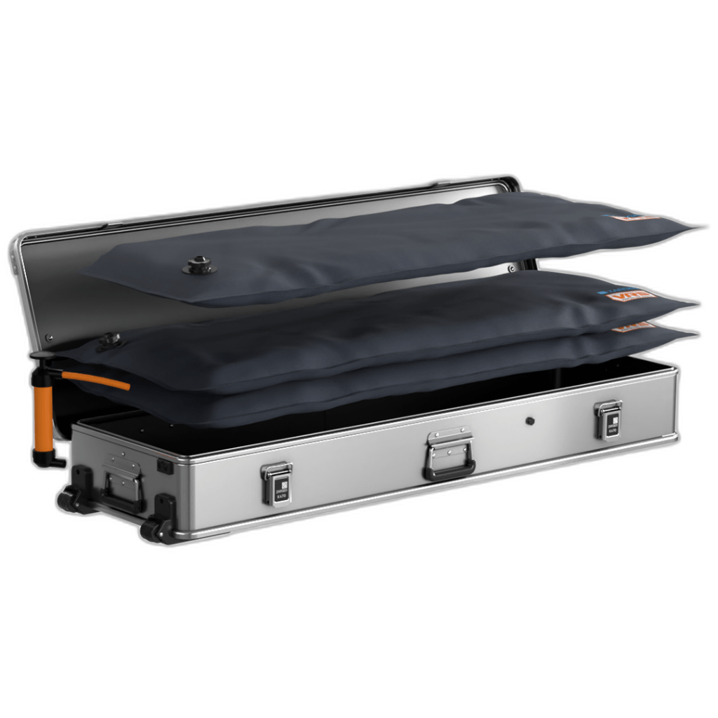 ZARGES Large 2-Layer KOR Kit, inflatable panels above an open wheeled case with hand pump