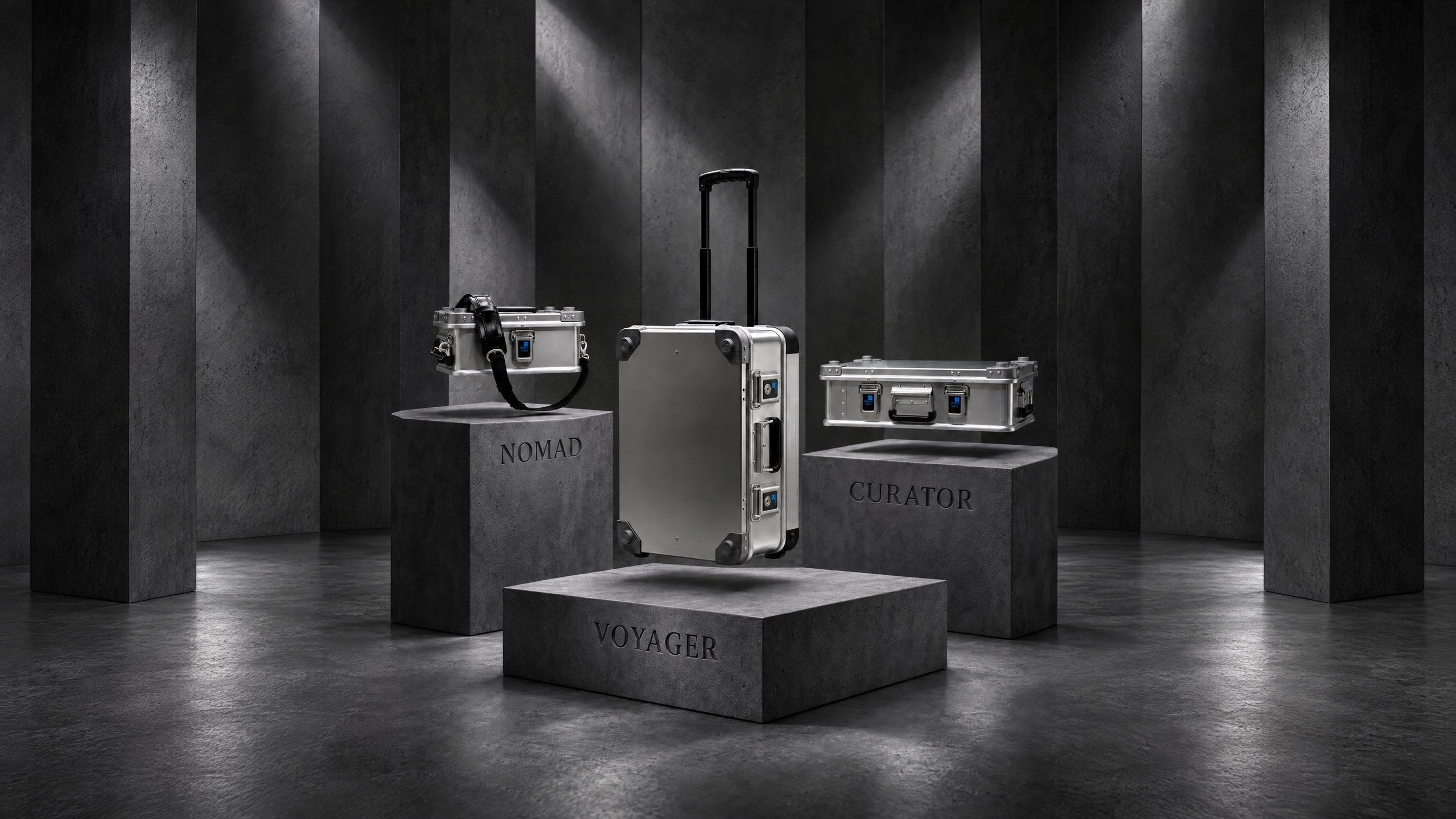 NOMAD, VOYAGER and CURATOR card collector cases on engraved stone plinths