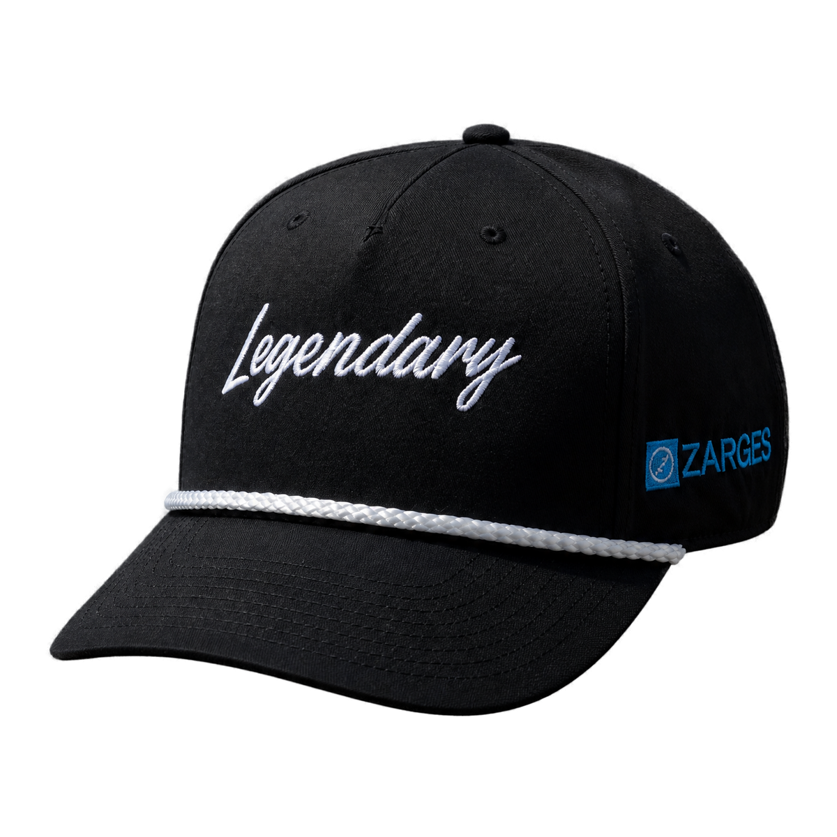 ZARGES Legendary Black Rope Hat, white Legendary script, white rope on the brim and blue ZARGES side logo