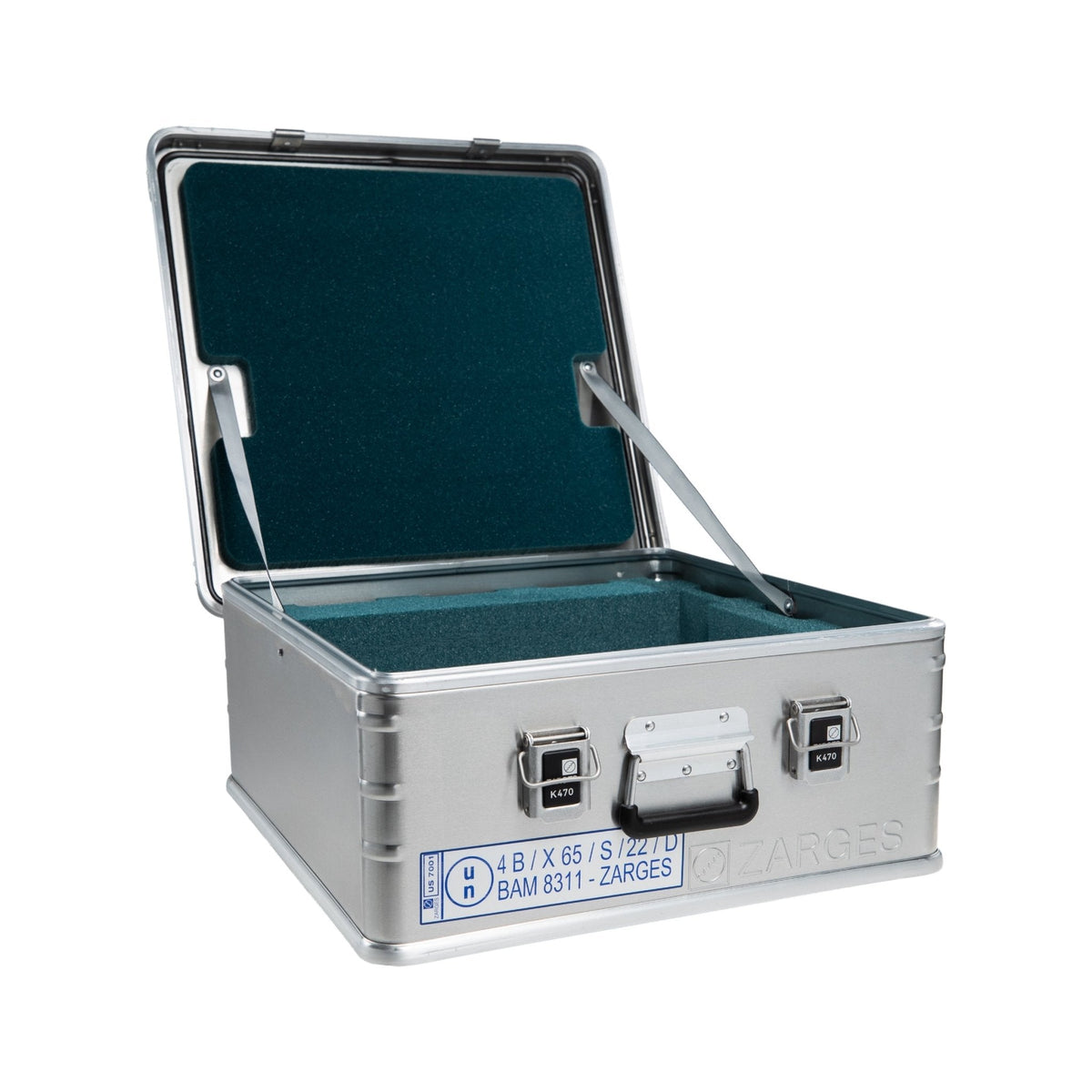 ZARGES Lift Foil F-Series 1 Battery Case with lid open, teal foam lining the lid and base