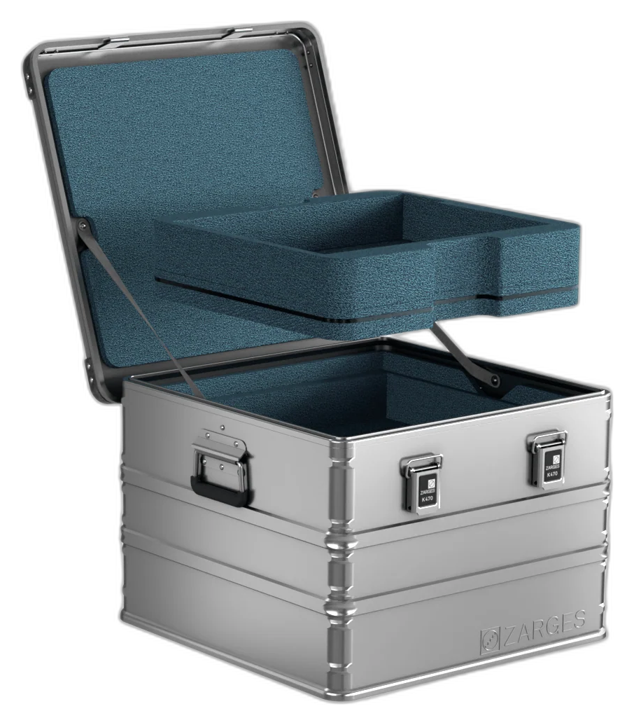 ZARGES Lift Foil F-Series 2 Battery Case open, teal foam lid lining and a removable foam tray lifted above