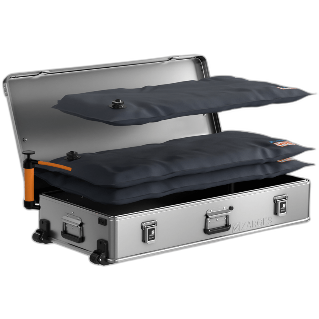 ZARGES Medium 2-Layer KOR Kit in an open wheeled case, layered inflatable cushions with hand pump