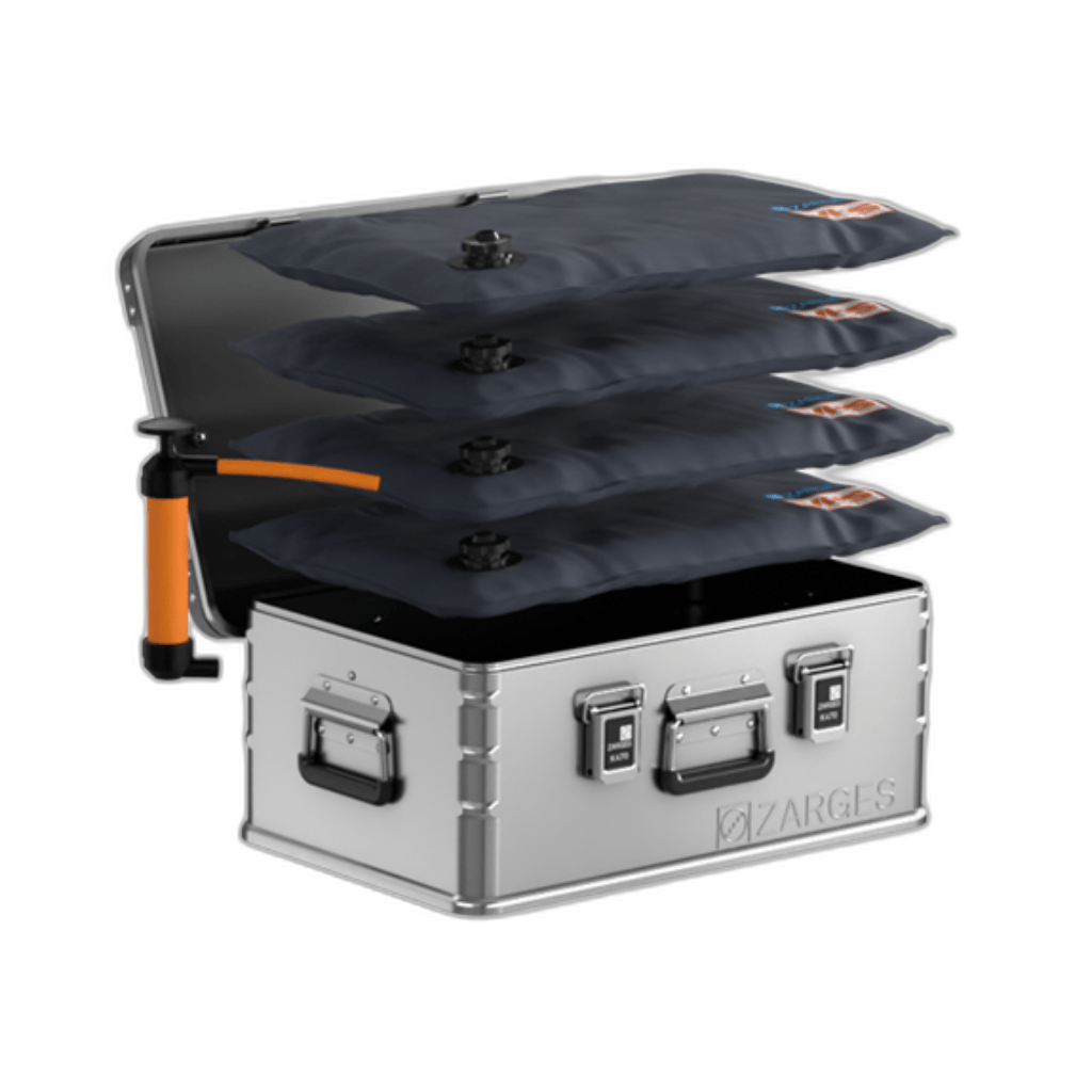 ZARGES Medium Pistol & Gear Case open with four stacked inflatable panels and an orange hand pump