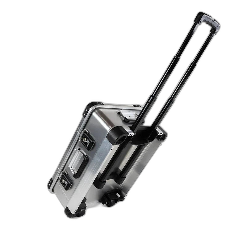 ZARGES Mobile Drone Case-DJI Mavic 3/Pro on its wheels with the telescoping handle extended