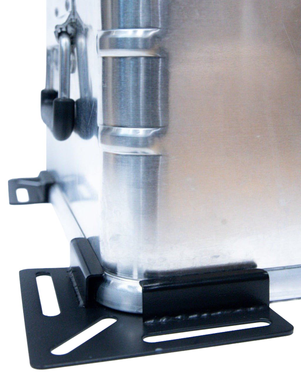 Close-up of a black ZARGES Mounting Bracket fitted under the bottom corner of an aluminum case