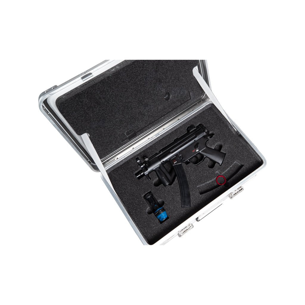 ZARGES MP5K Case open from above, MP5K, magazine and accessory seated in cut foam