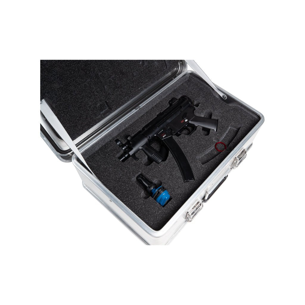 Close view of an MP5K seated in the cut black foam of an open ZARGES MP5K Case