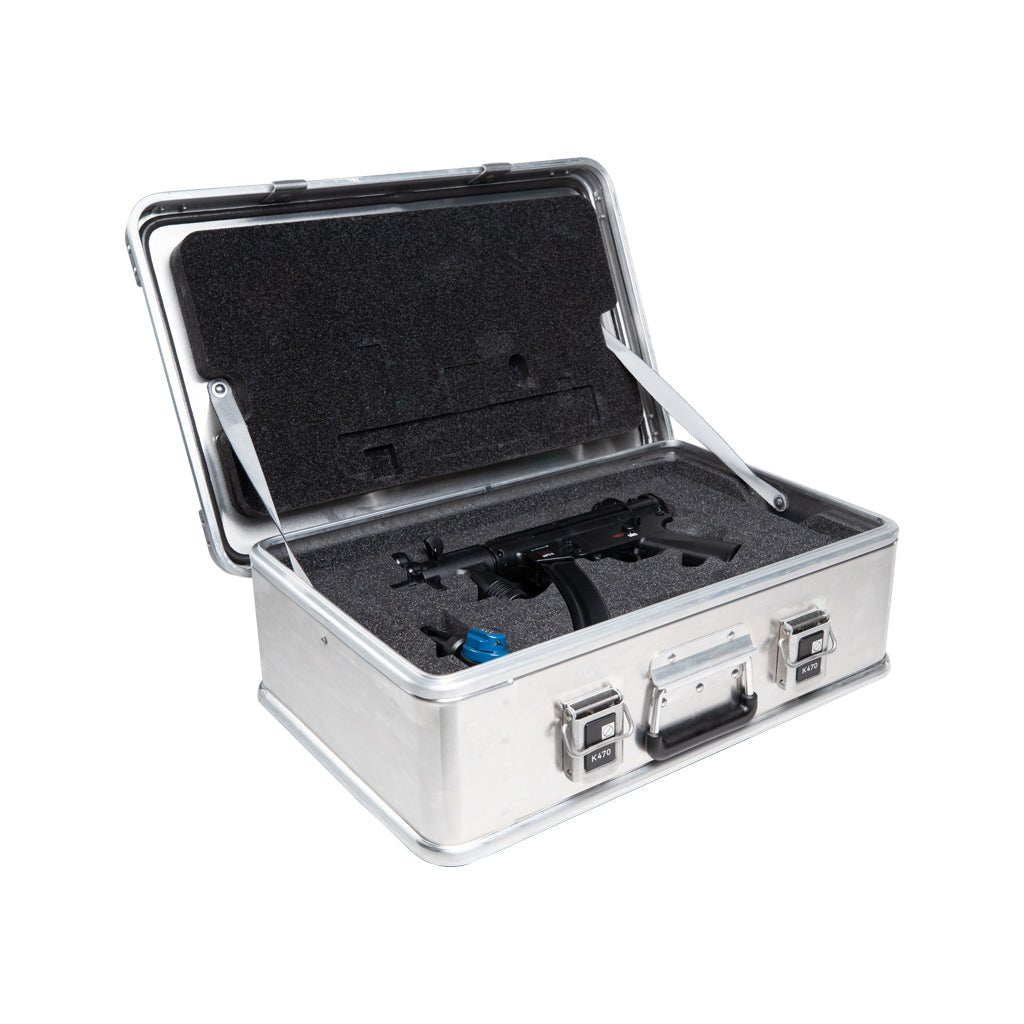 ZARGES MP5K Case open with an MP5K and accessories in cut black foam