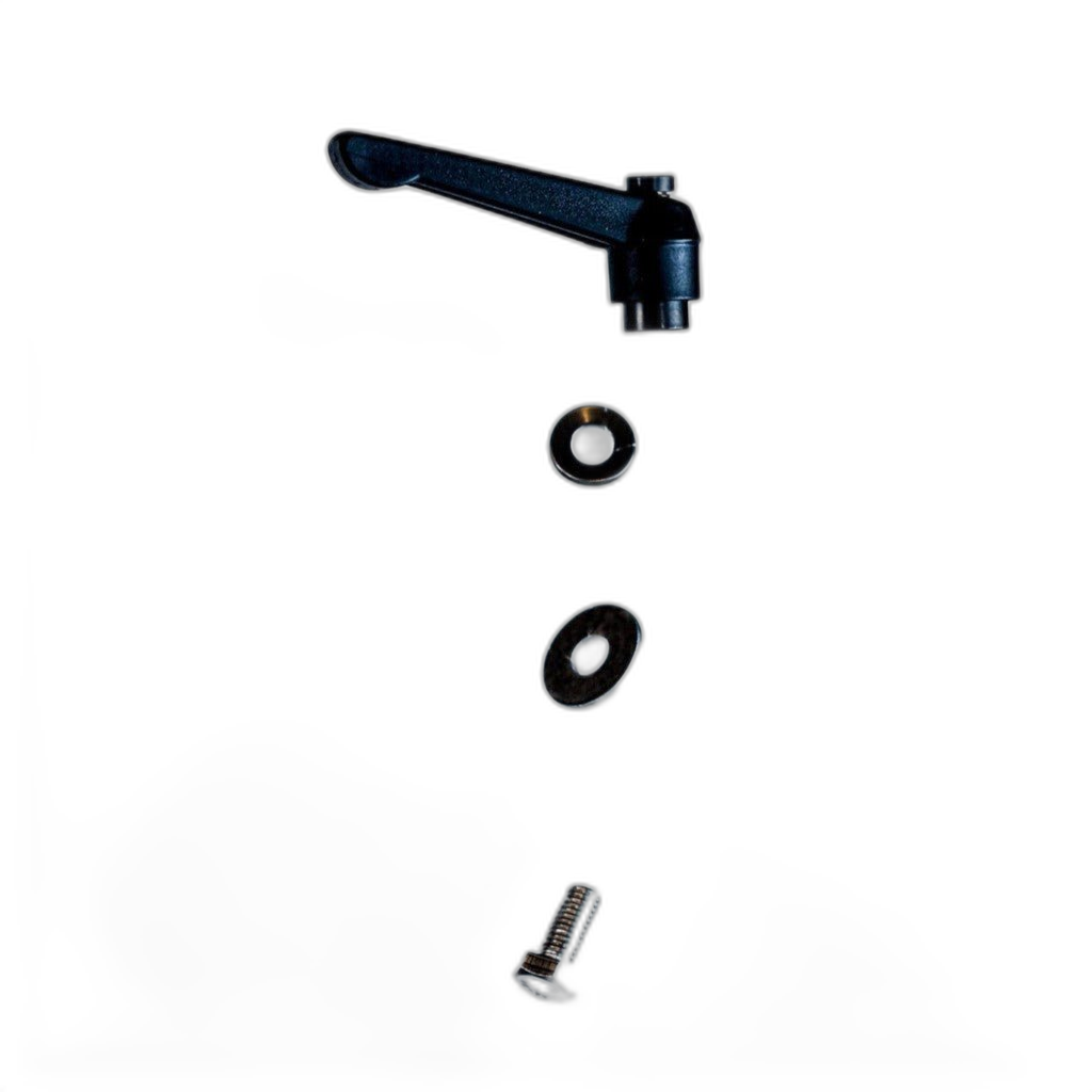 ZARGES Roof Rack Mounting Hardware parts laid out: black clamp lever, two washers and a bolt