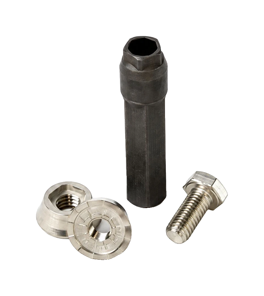 Tamper-Resistant Mounting Hardware: hex socket key, stainless bolt and two tamper-resistant nuts