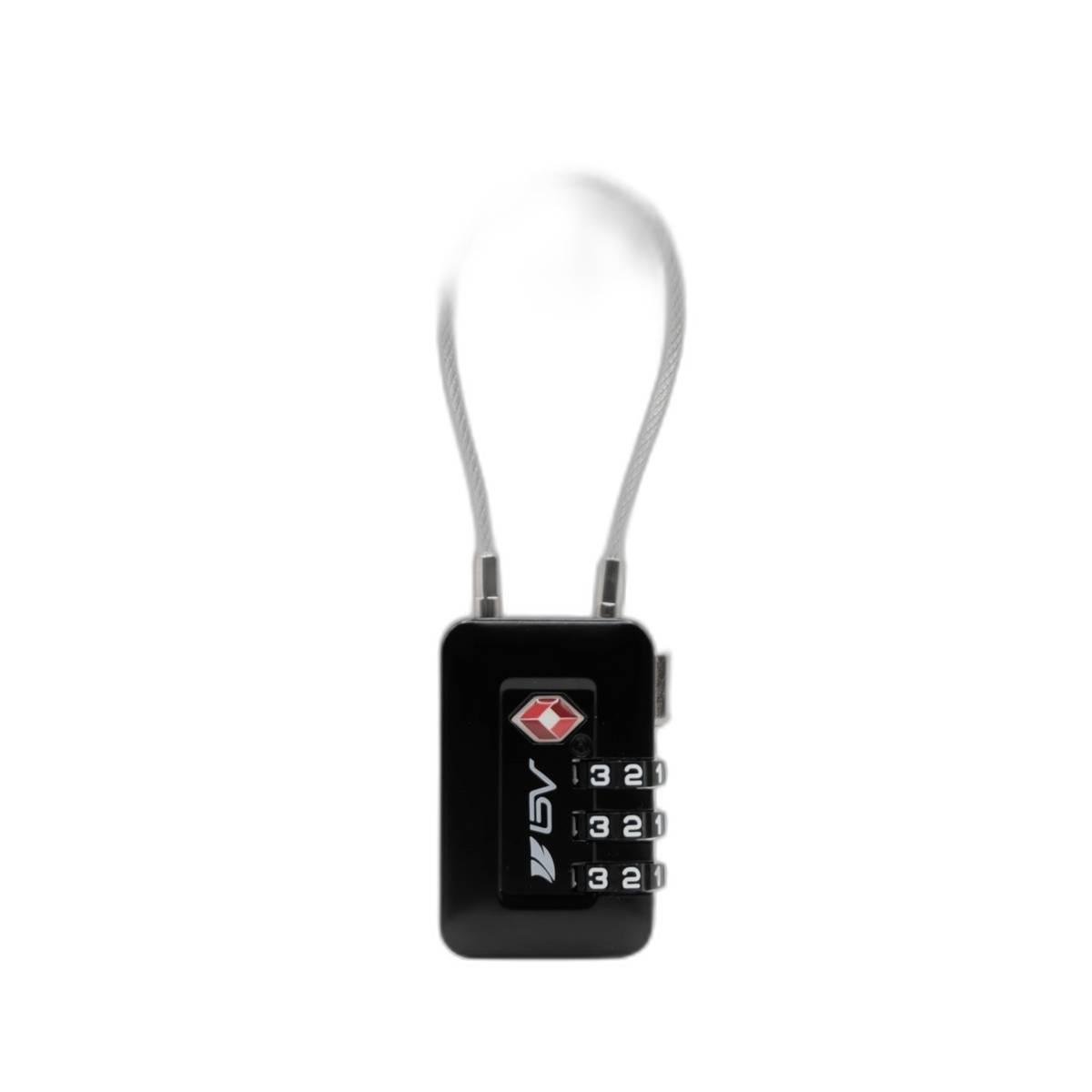ZARGES TSA Lock, black body with TSA indicator and three combination dials, angled front view