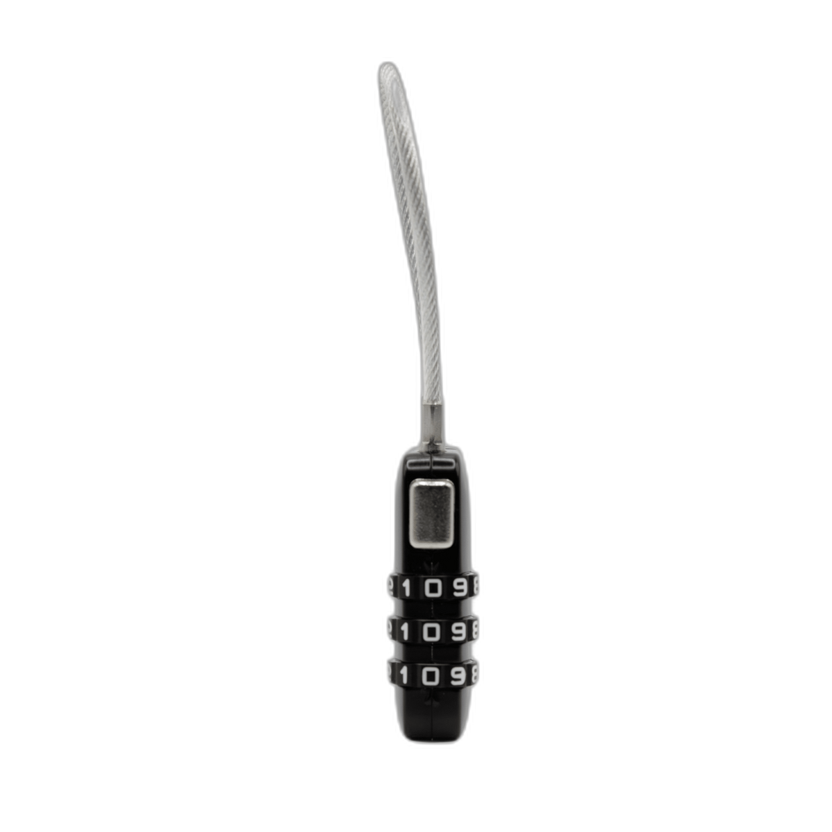 ZARGES TSA Lock, side view of the black three-dial combination body and steel cable shackle