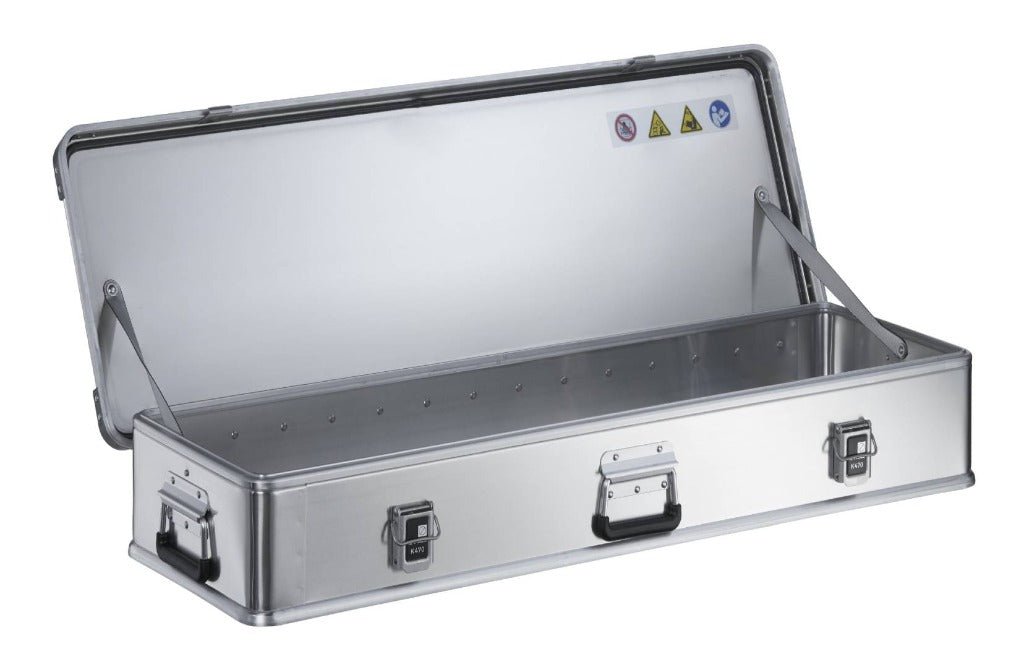 ZARGES K470-40847 long aluminum case open and empty, lid on support stays with safety labels