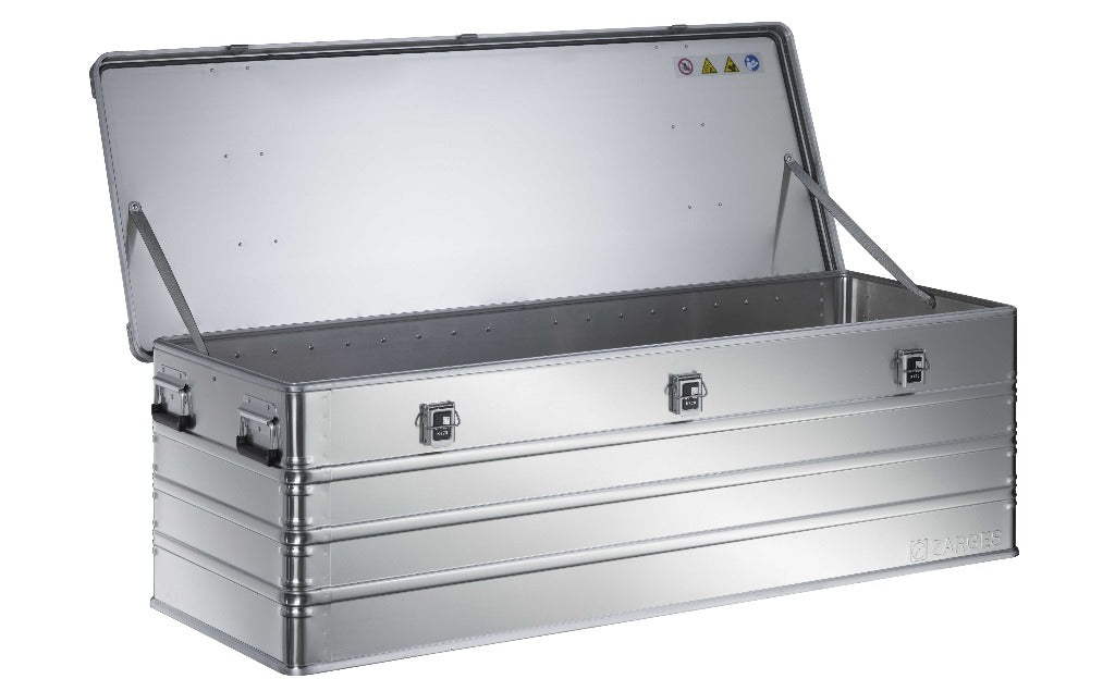 ZARGES K470-40875 long aluminum case with lid open on hinge straps, empty interior