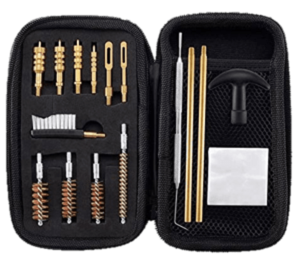 Pistol cleaning kit with brass jags, bronze brushes and rods in a black zip case, ZARGES PistolPak Case listing