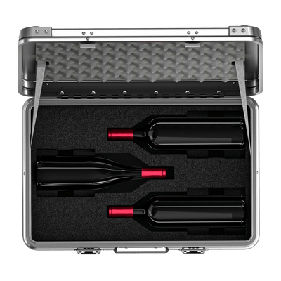 ZARGES 3 Bottle Wine Case open from above, three red-capped bottles nested in black foam