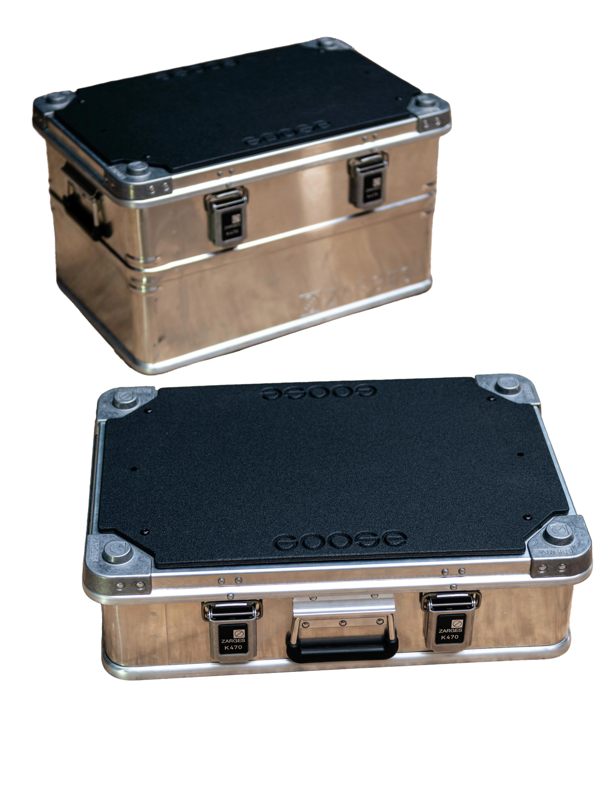 Goose Gear K470 Top Plate Kit on two ZARGES K470 cases, black plates with Goose logo