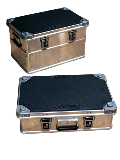 Goose Gear K470 Top Plate Kit on two ZARGES K470 cases, black plates with Goose logo