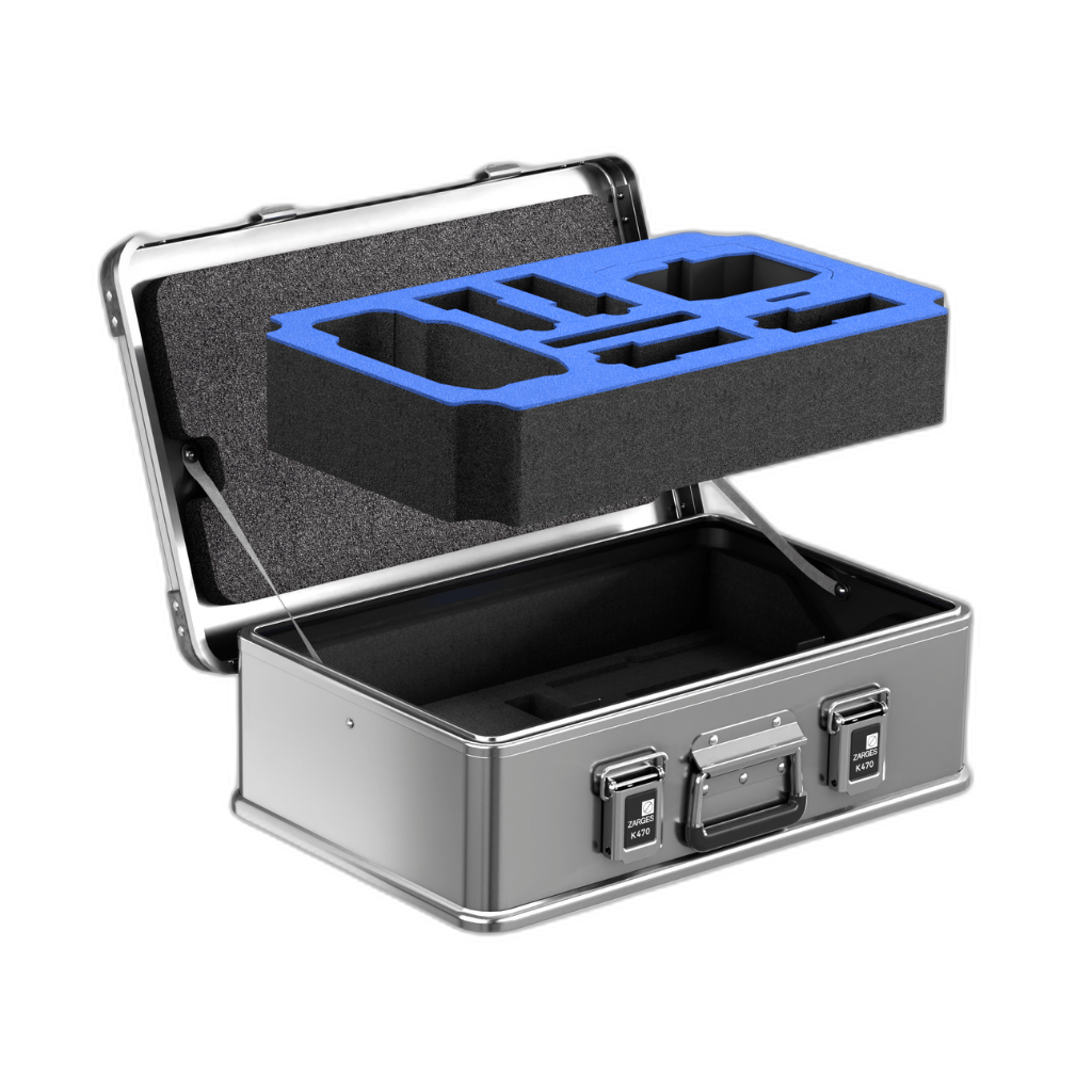 ZARGES Drone Case-DJI Mavic 3/Pro open, blue-and-black cut foam insert lifted out of the case