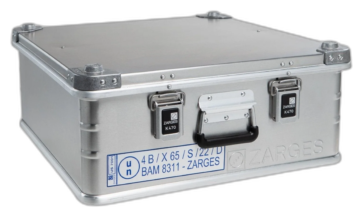 ZARGES Lift Foil F-Series 1 Battery Case, closed, front handle and blue-and-white marking label