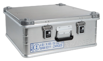 ZARGES Lift Foil F-Series 1 Battery Case, closed, front handle and blue-and-white marking label