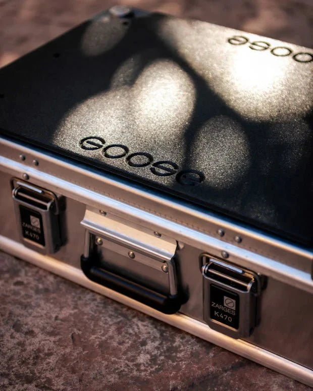 Goose Gear K470 Top Plate Kit close-up on a ZARGES K470 lid in dappled light