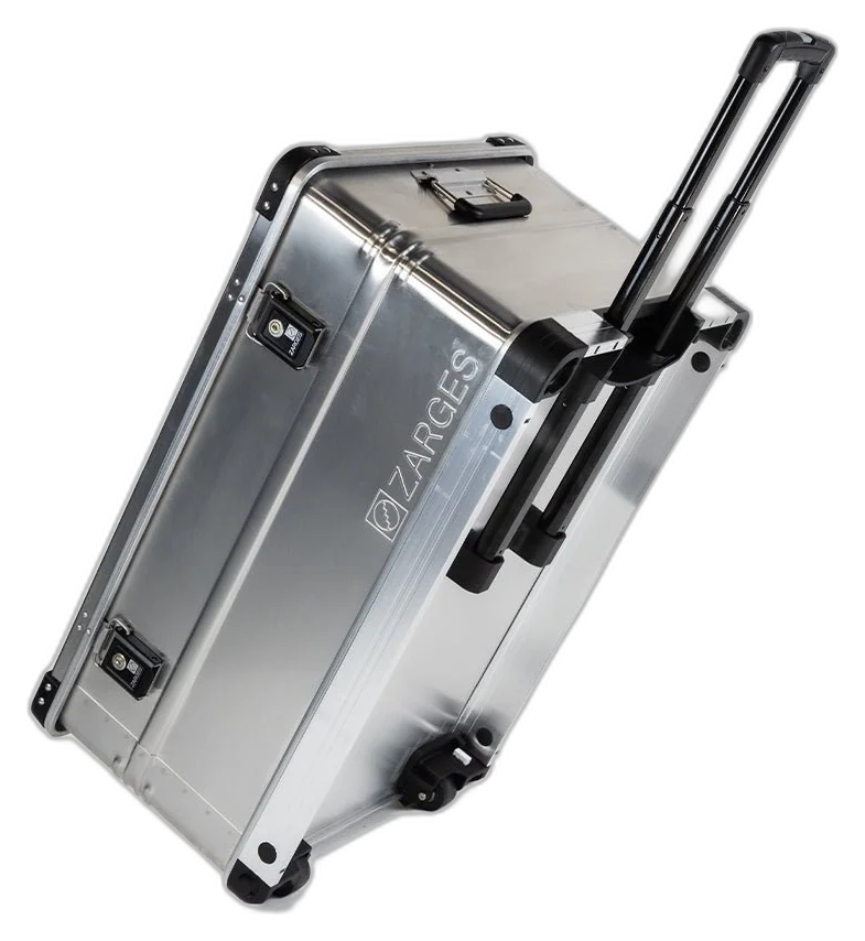 ZARGES K424 XC-41813 aluminum case tilted on its wheels with the telescoping handle extended