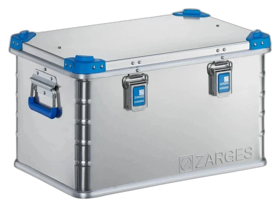 ZARGES K440-40702 aluminum case, closed, three-quarter view with blue corners and handles