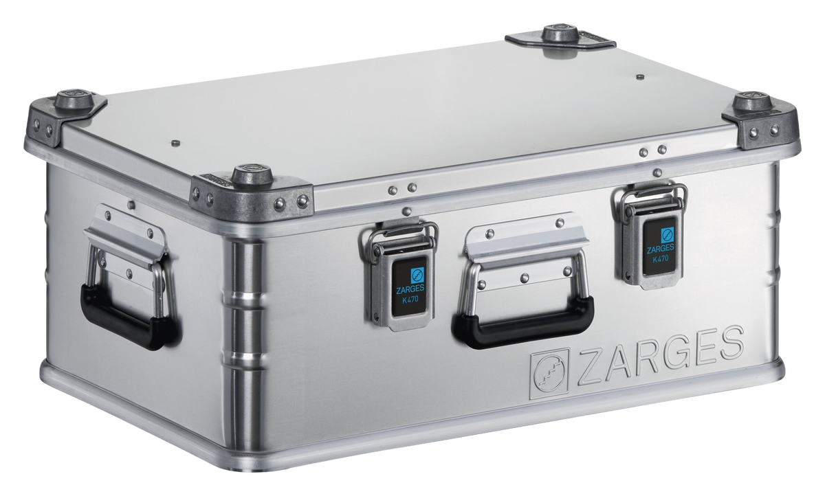 ZARGES K470-40568 aluminum case, closed, three-quarter view with latches and both end handles