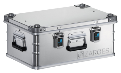 ZARGES K470-40568 aluminum case, closed, three-quarter view with latches and both end handles