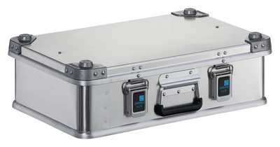 ZARGES K470-40810 aluminum case, closed, three-quarter front view with two latches and carry handle
