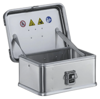 ZARGES K470-40835 aluminum case open and empty, lid held by stay straps, front latch view