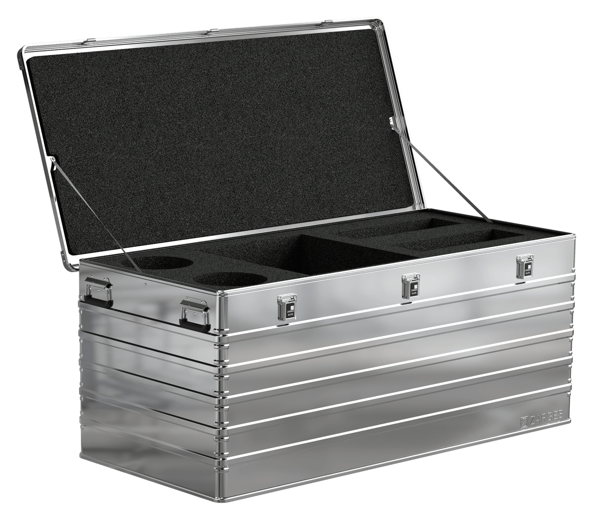 ZARGES K470-40876 open with black foam cutouts in the base and foam-lined lid