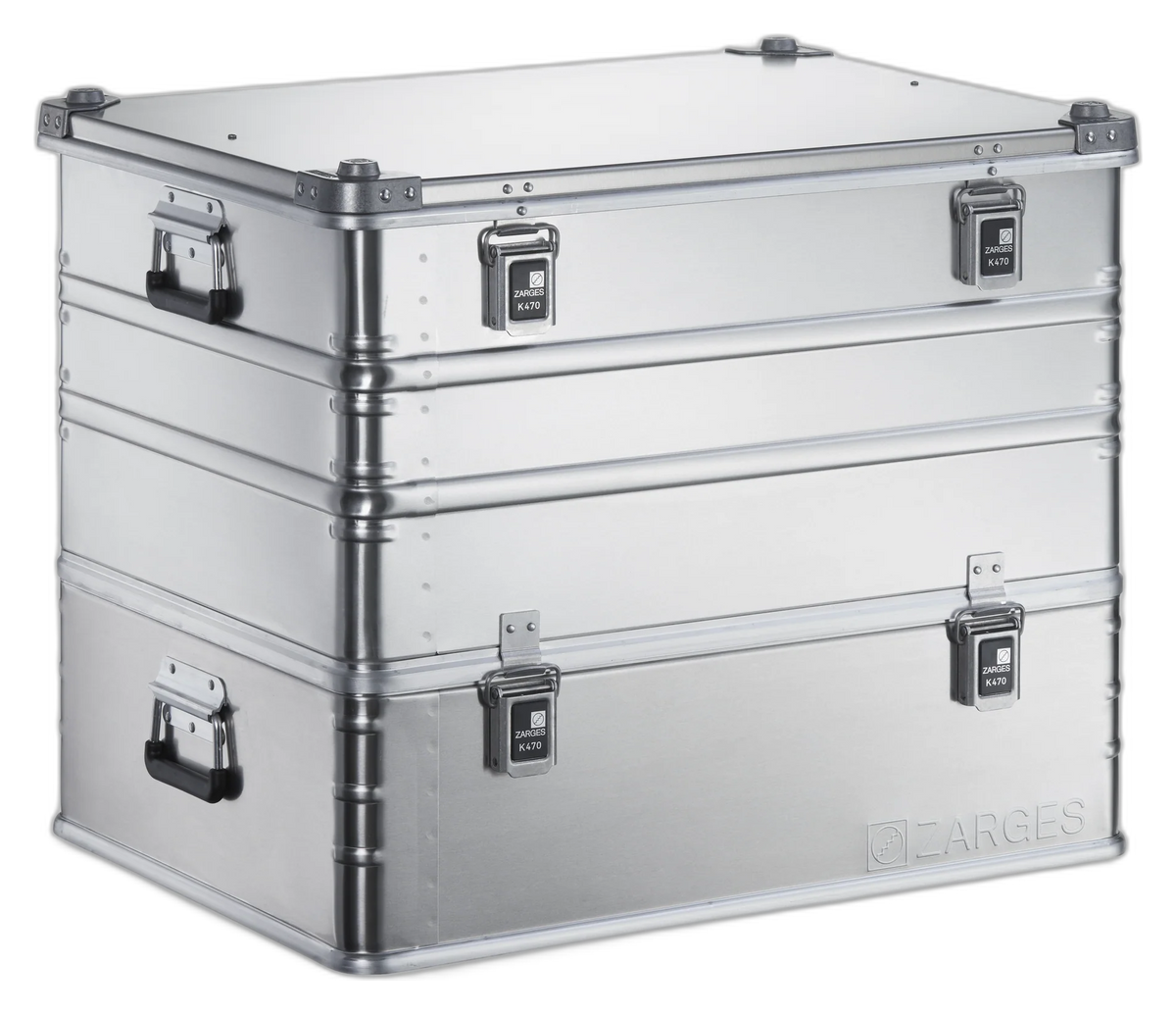 ZARGES K470-Plus Hood Case, closed, tall hood seated on its base with two rows of latches