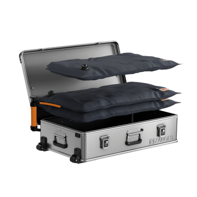 ZARGES KOR Takedown Kit: inflatable KOR panels lifting out of an open wheeled aluminum case