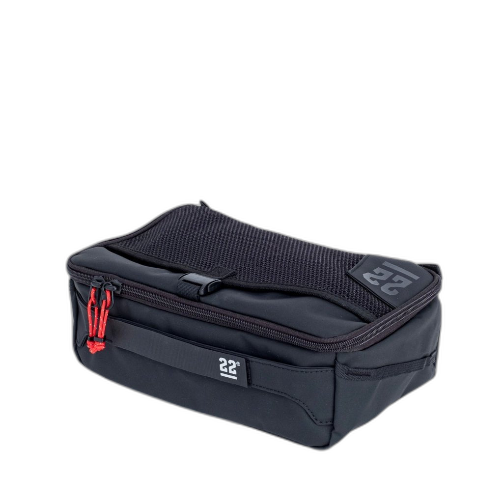 Step 22 Quoll Cube HD Packing Cube, Medium, black with mesh top and red zipper pulls, three-quarter view