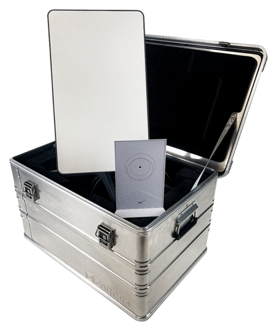 ZARGES Starlink Shuttle Case open with the Starlink dish and router standing in its black foam insert