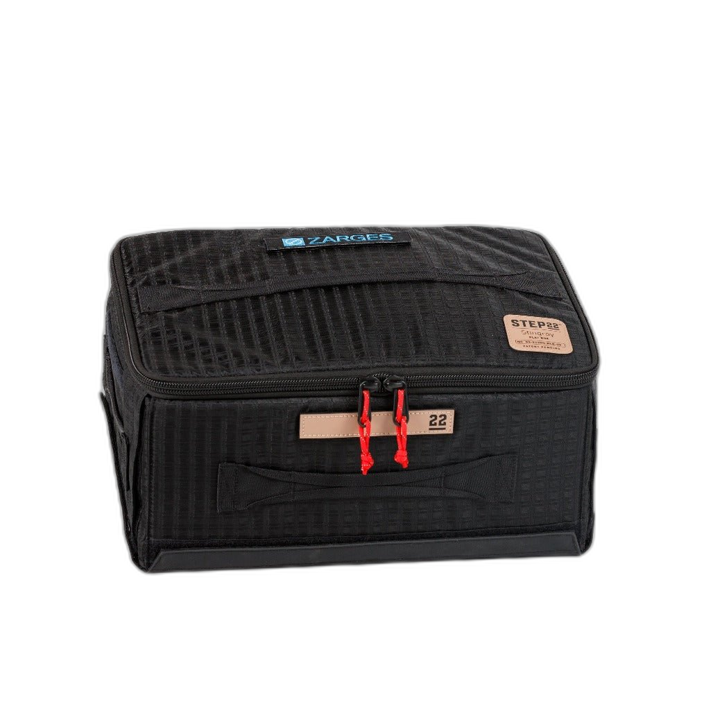 Step 22 Stingray Flat Box, black zippered organizer with ZARGES and Step 22 patches and red pulls
