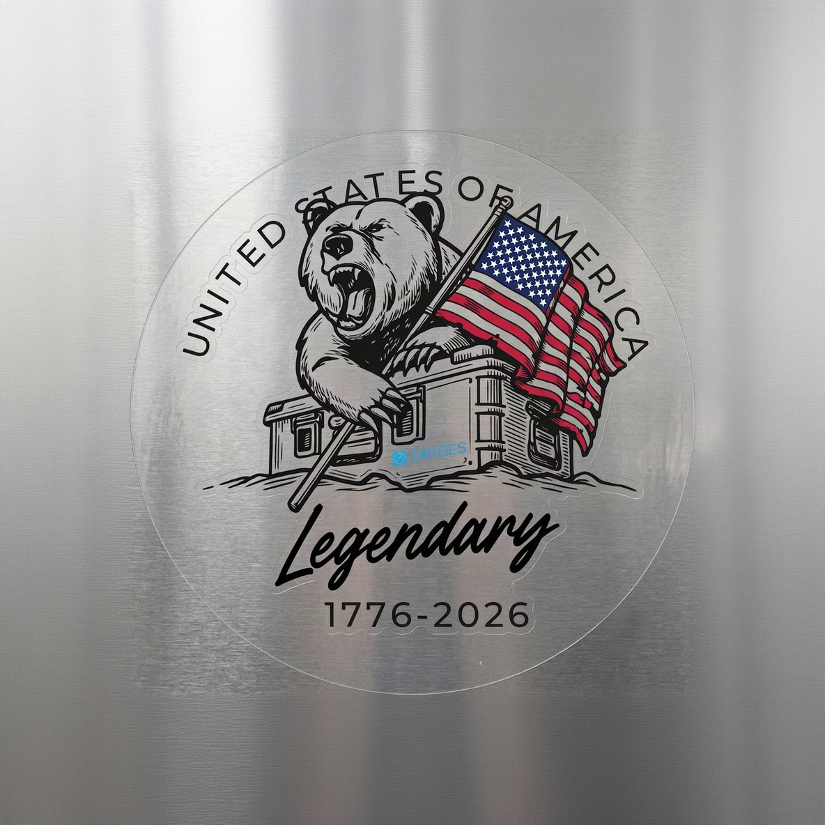 ZARGES 250th Anniversary of America Sticker: bear with US flag on a case, Legendary 1776-2026