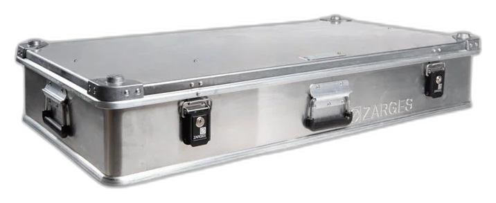 ZARGES AR Case, closed, low-profile aluminum case with three latches and a center handle