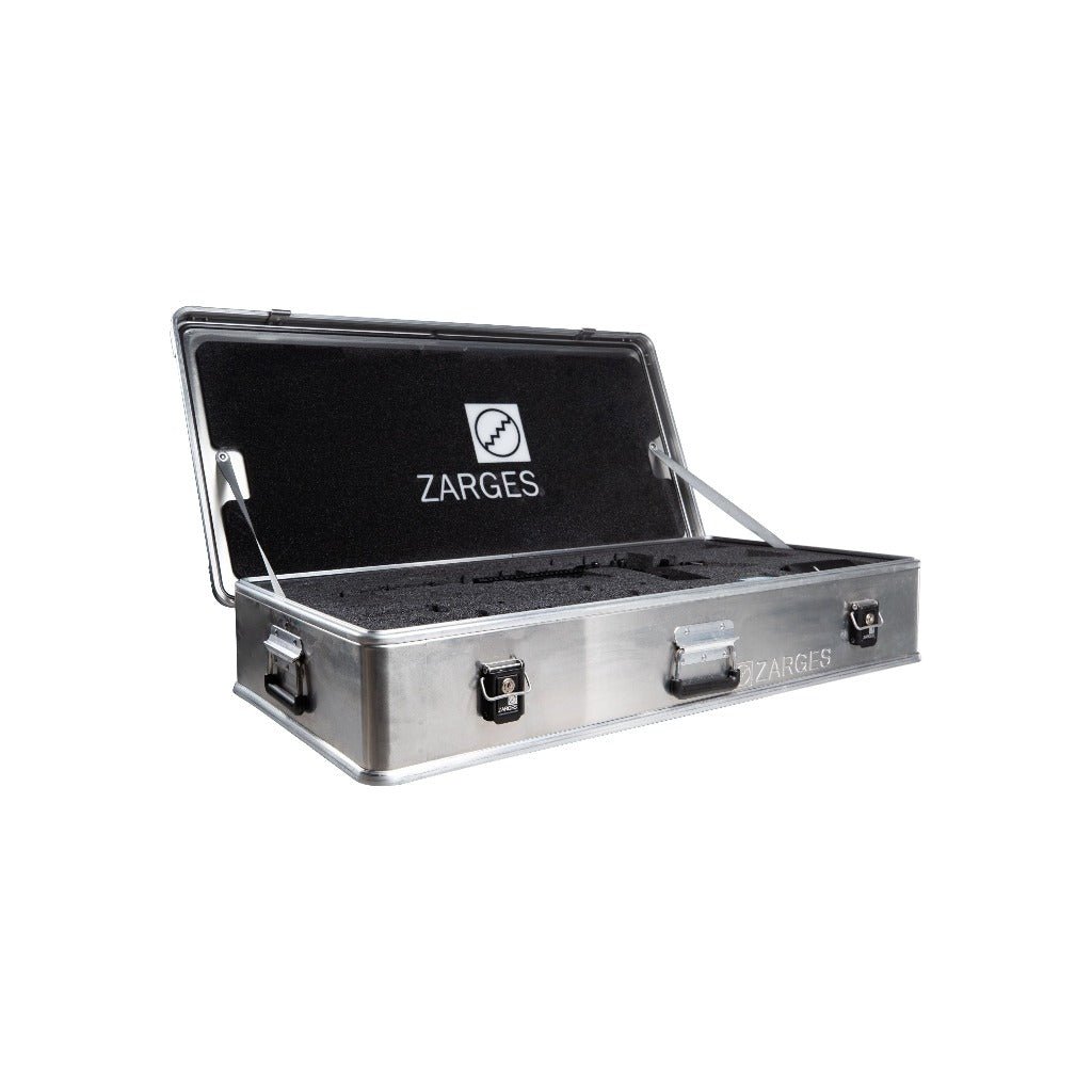 ZARGES AR Case open, black foam lid with the ZARGES logo and a cut foam rifle insert