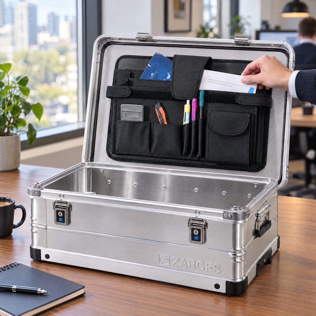ZARGES case with the attache document insert open on a desk